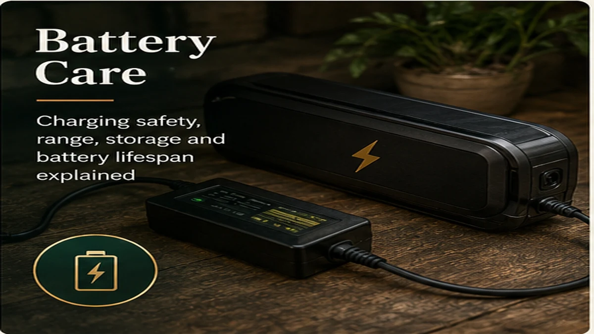 Electric bike battery charging and care illustration
