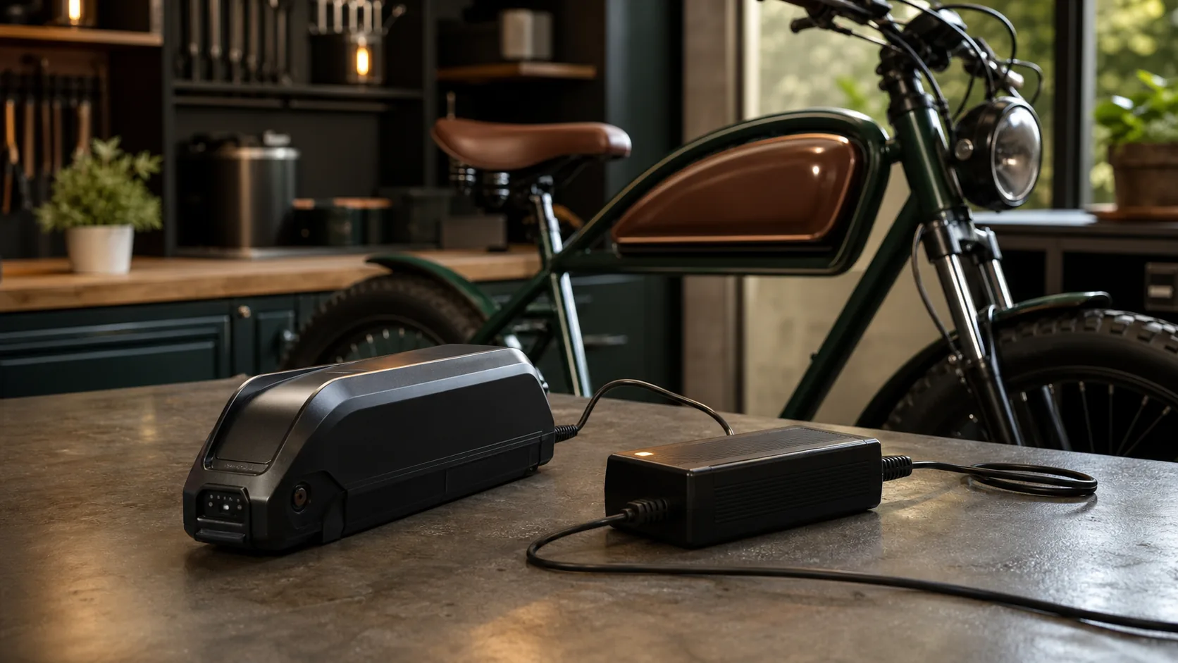 E-bike battery and charger on a clear work surface for safe charging guidance