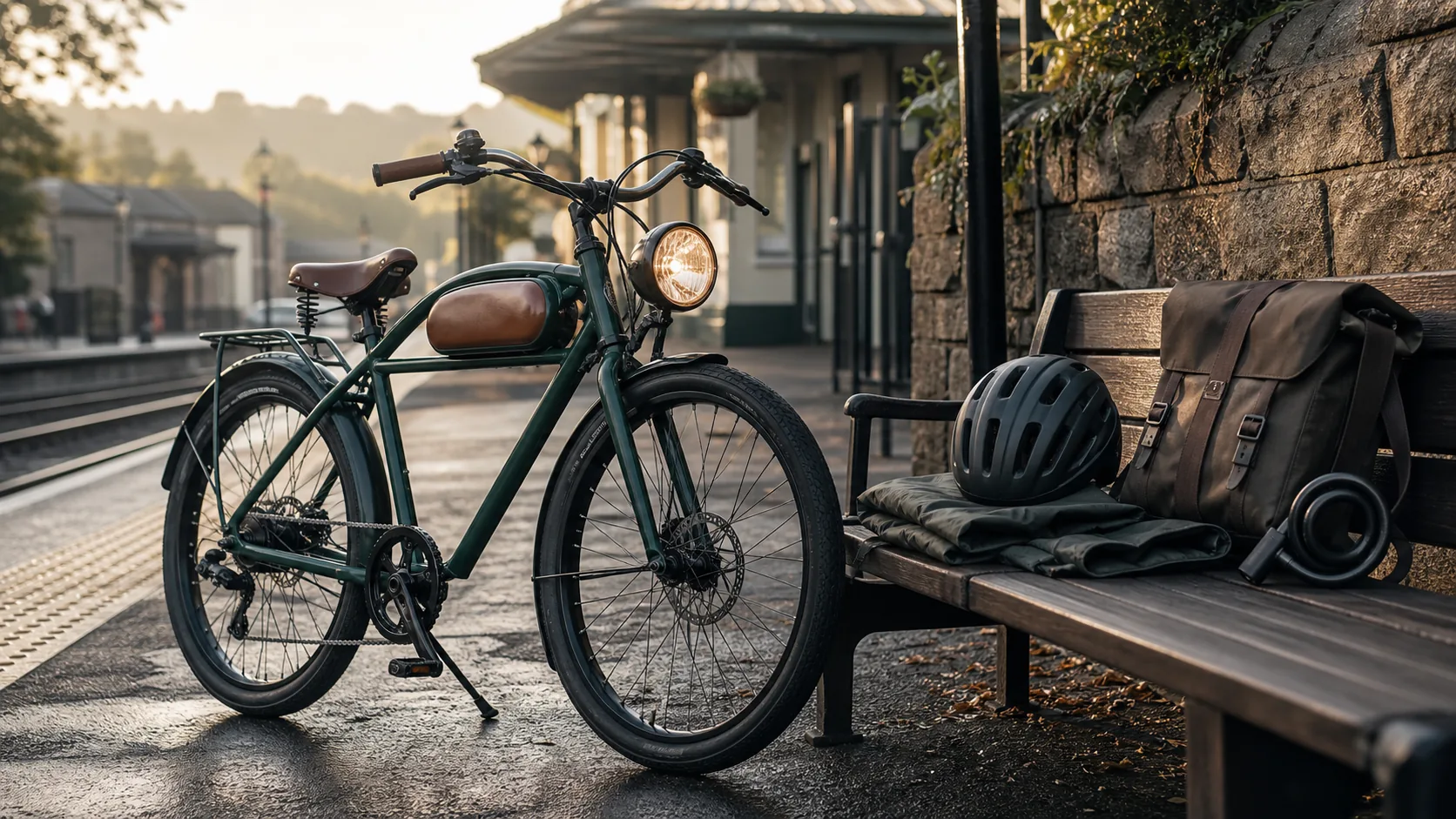 Retro electric bike at a UK station with commuting gear for rider use guidance