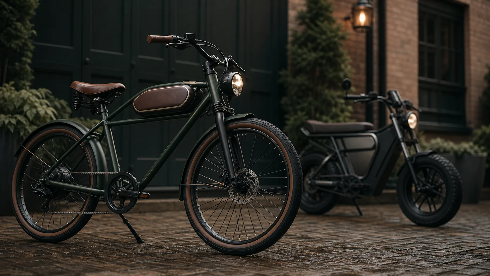 Retro electric bike compared with a moped-style electric vehicle in a UK courtyard