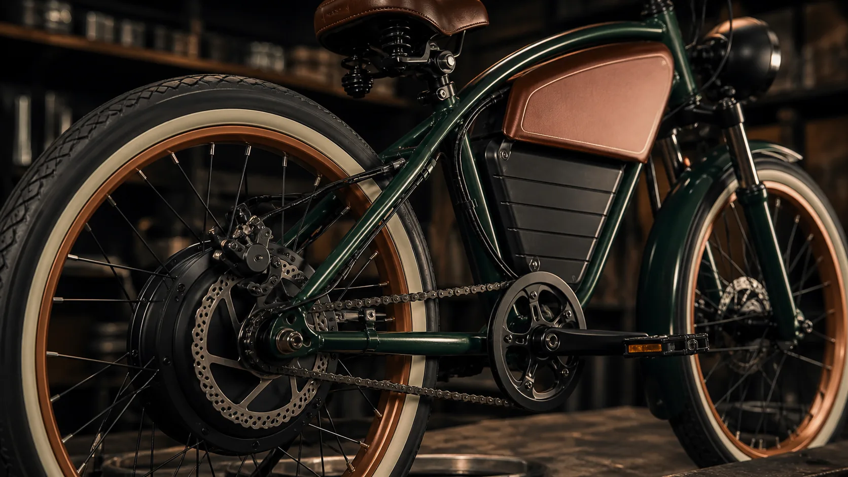 Retro electric bike drivetrain motor battery and brake detail for specifications guidance