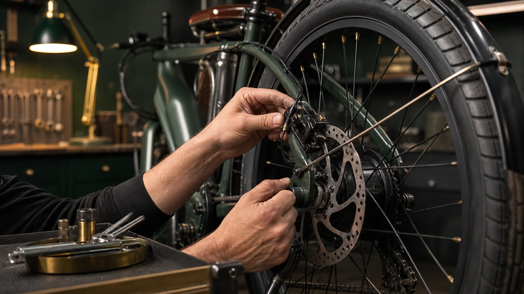 Retro electric bike brake maintenance in a UK workshop for pad and rotor checks