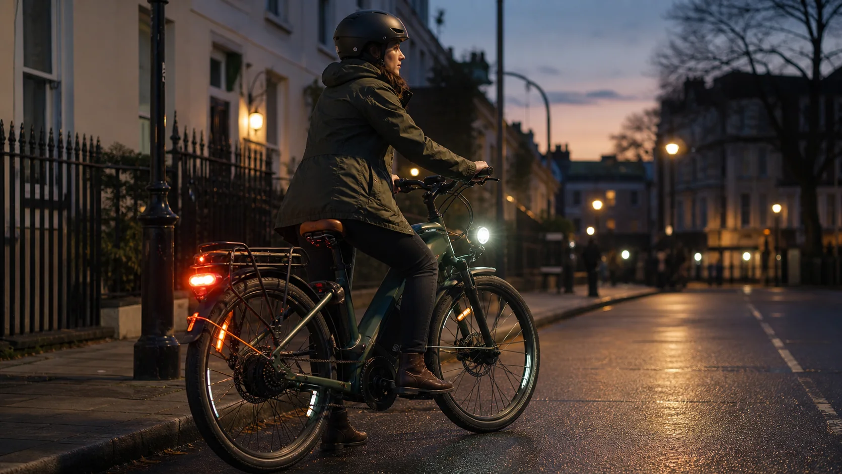 Retro electric bike lights and reflectors at dusk on a UK street