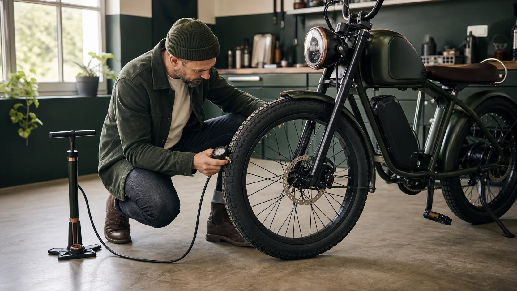 Retro electric bike tyre pressure check with gauge and pump in a workshop