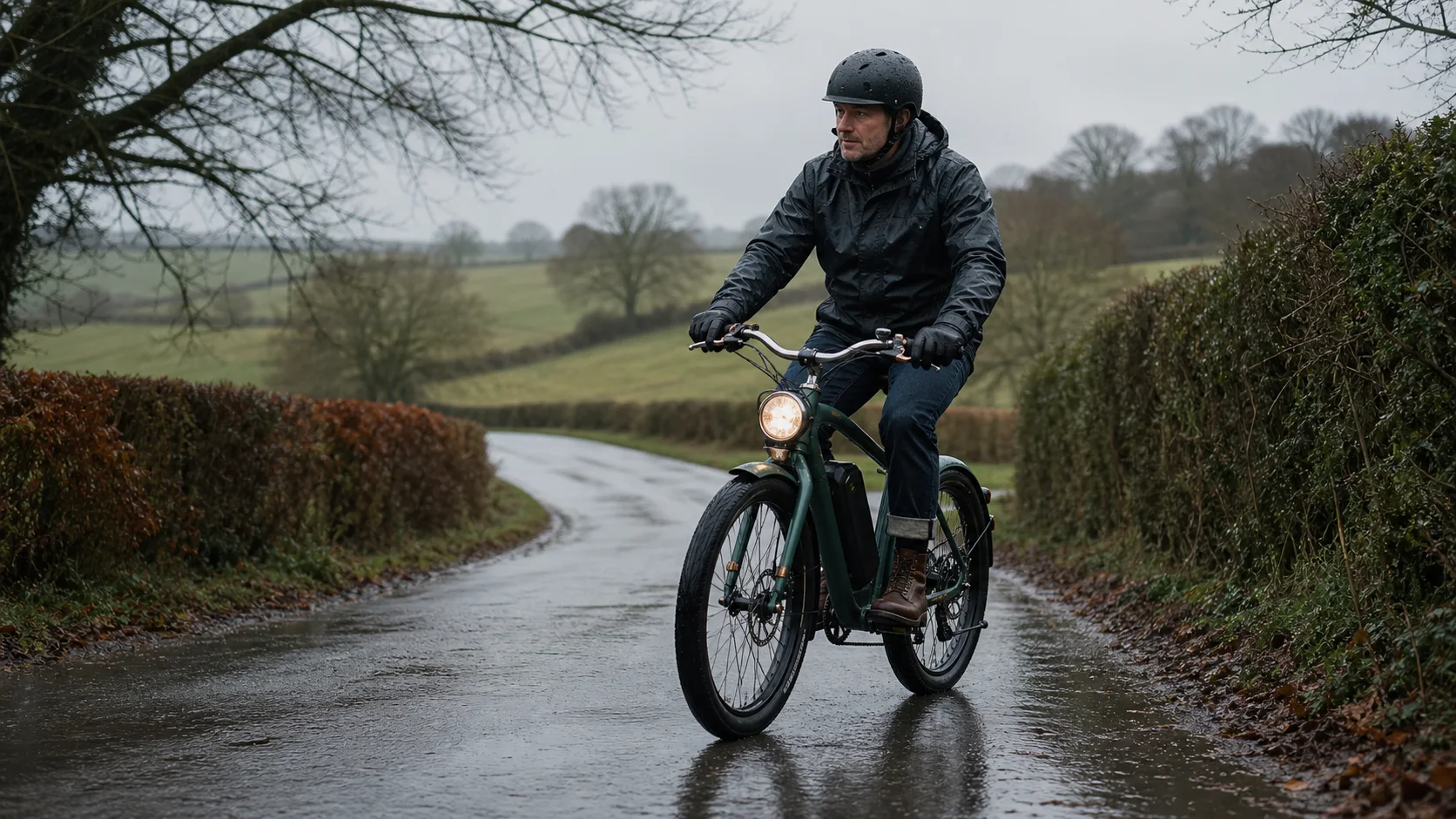 Retro electric bike riding in wet UK weather on a quiet road