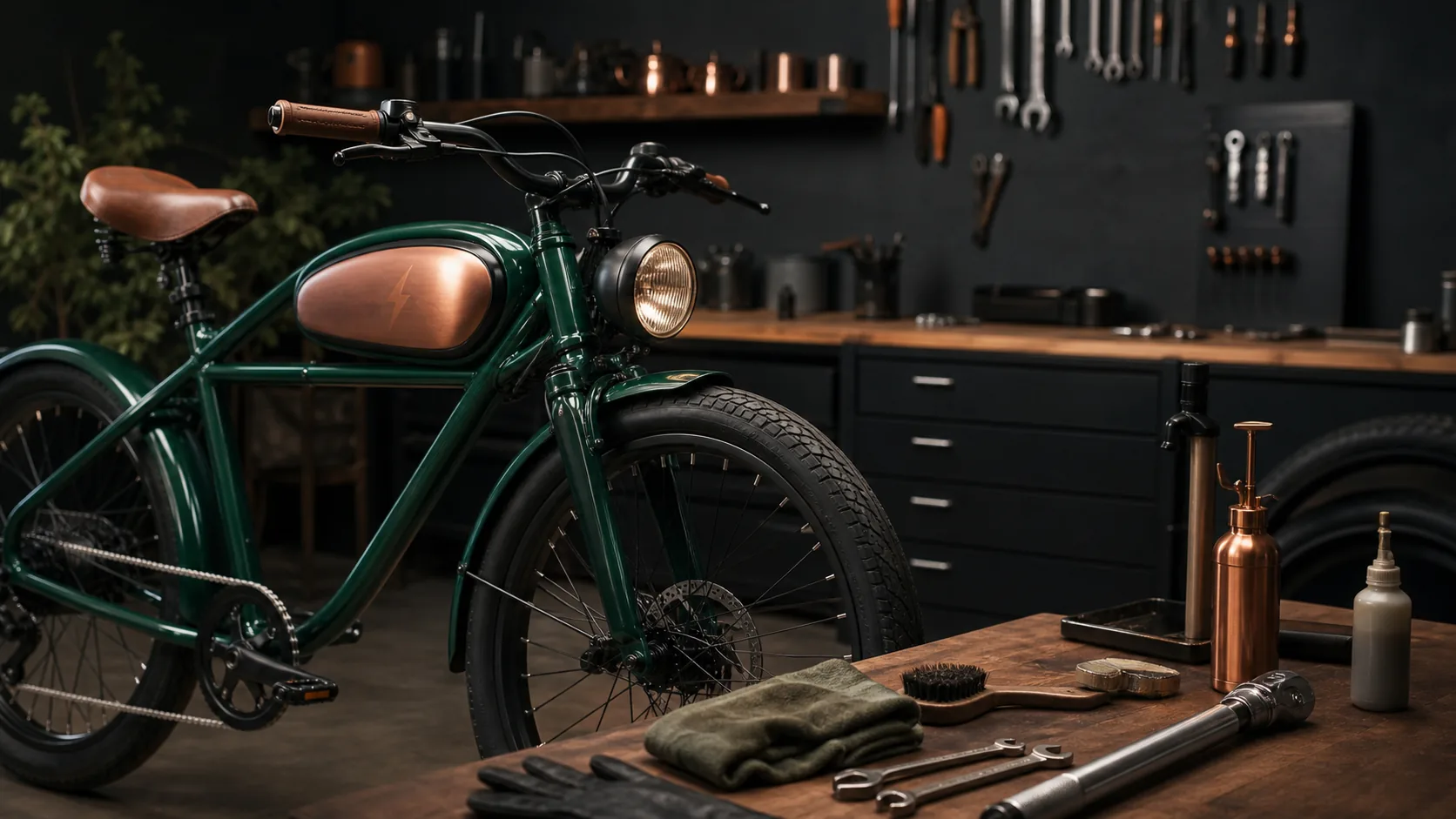 Retro electric bike in a workshop with maintenance tools for safety checks