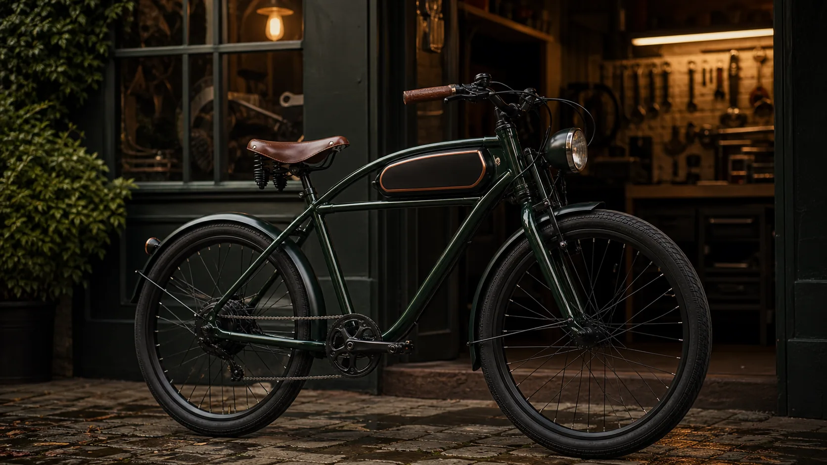 Retro electric bike outside a UK cycle workshop for buying guidance