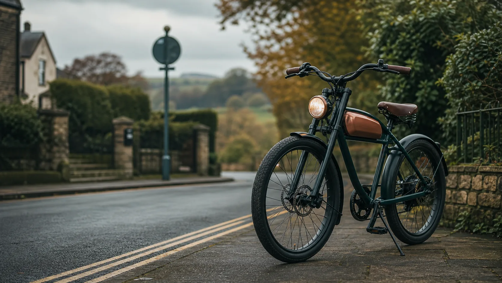 Road-legal retro electric bike on a quiet UK road for e-bike law guidance